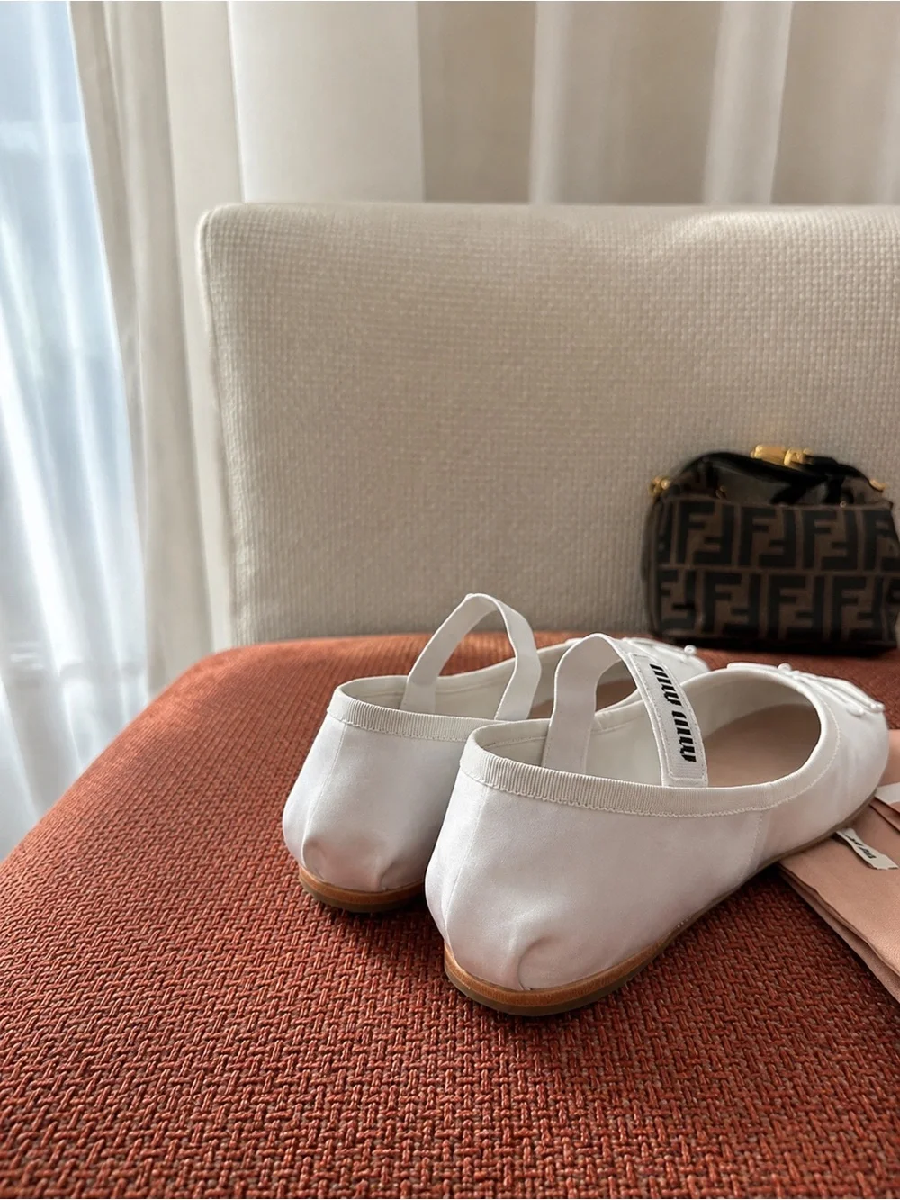 Miu Miu White Leather Ballet Flats with Bow and Elastic Strap
